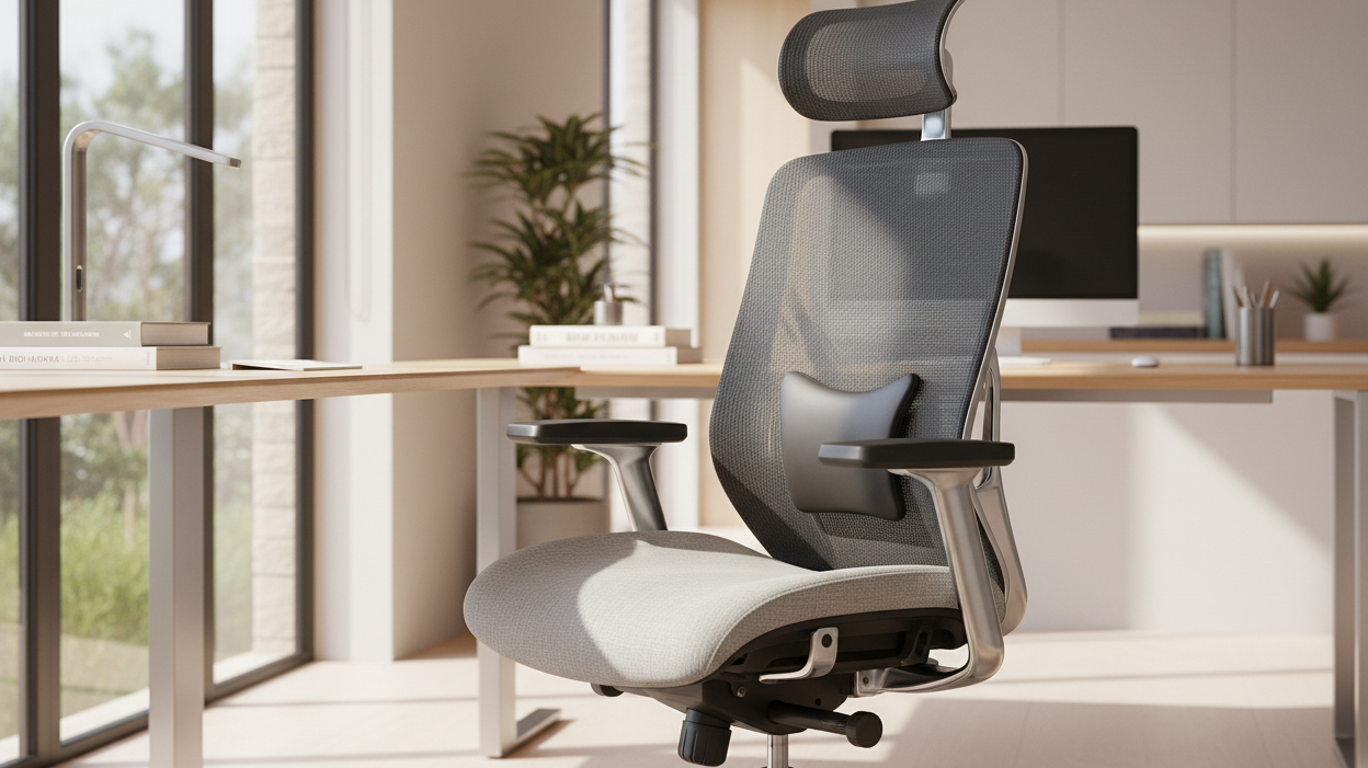 Photorealistic image of a premium ergonomic office chair in a modern Australian workspace, showcasing high-quality materials and adjustable features with no text on the image.