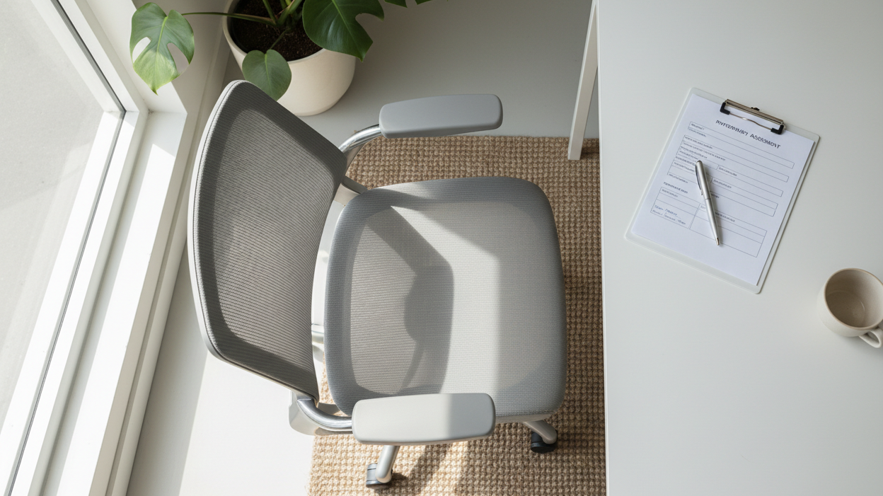 Editorial flat-lay, ergonomic office chair seen from above, clean white desk, physiotherapy assessment clipboard and pen beside it, soft natural light, minimal Australian home office aesthetic