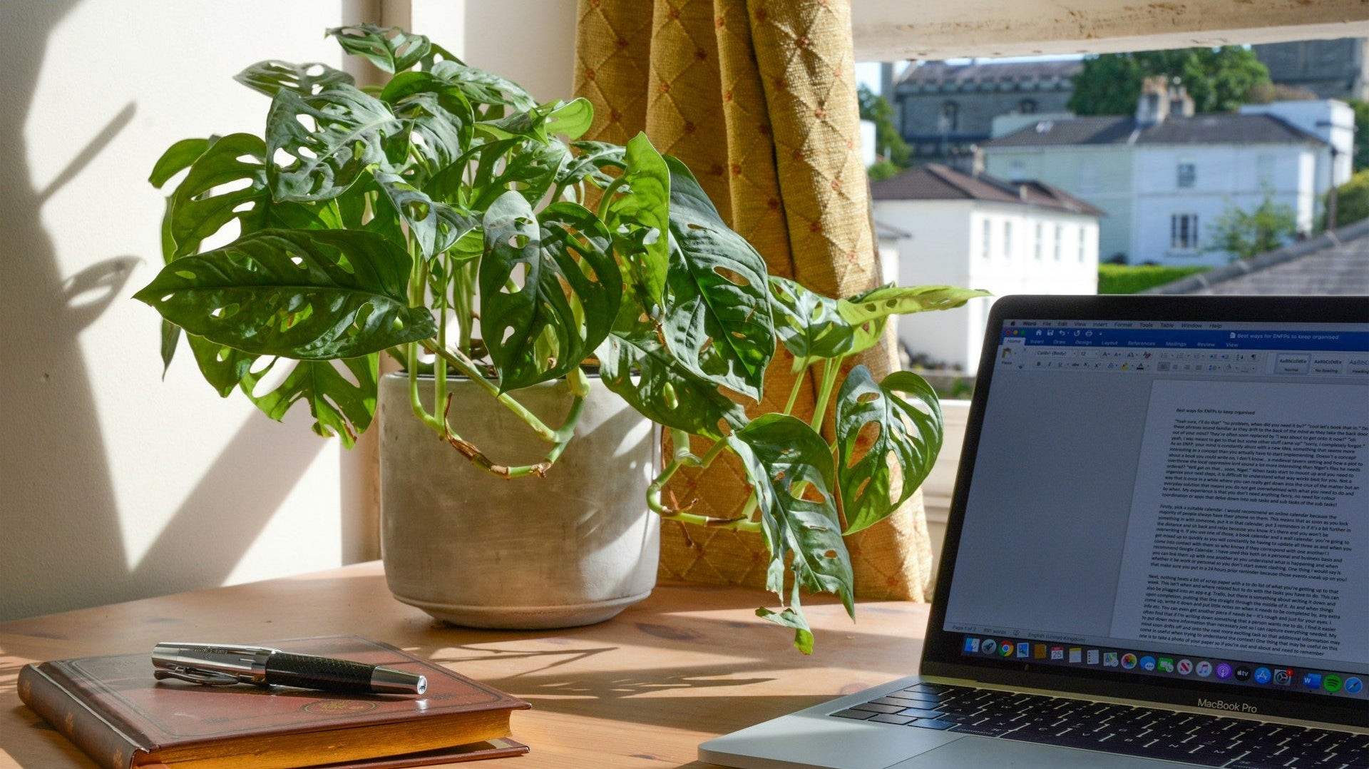Bright home workspace with natural light, greenery, and laptop setup designed to improve focus work life balance daily.