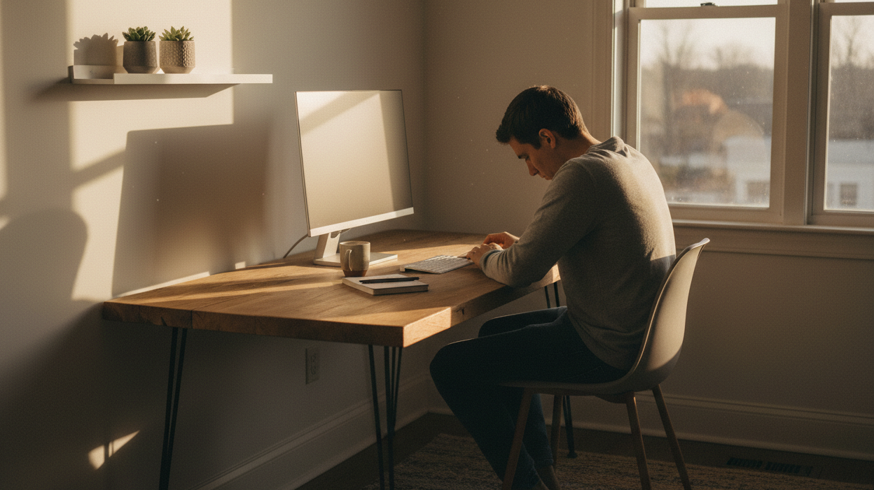 Person sitting at a minimal home office desk, late afternoon light casting long shadows, slight slump in posture, no face visible, quiet and real