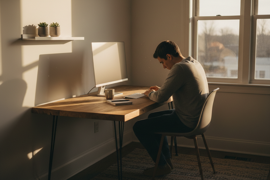 Person sitting at a minimal home office desk, late afternoon light casting long shadows, slight slump in posture, no face visible, quiet and real