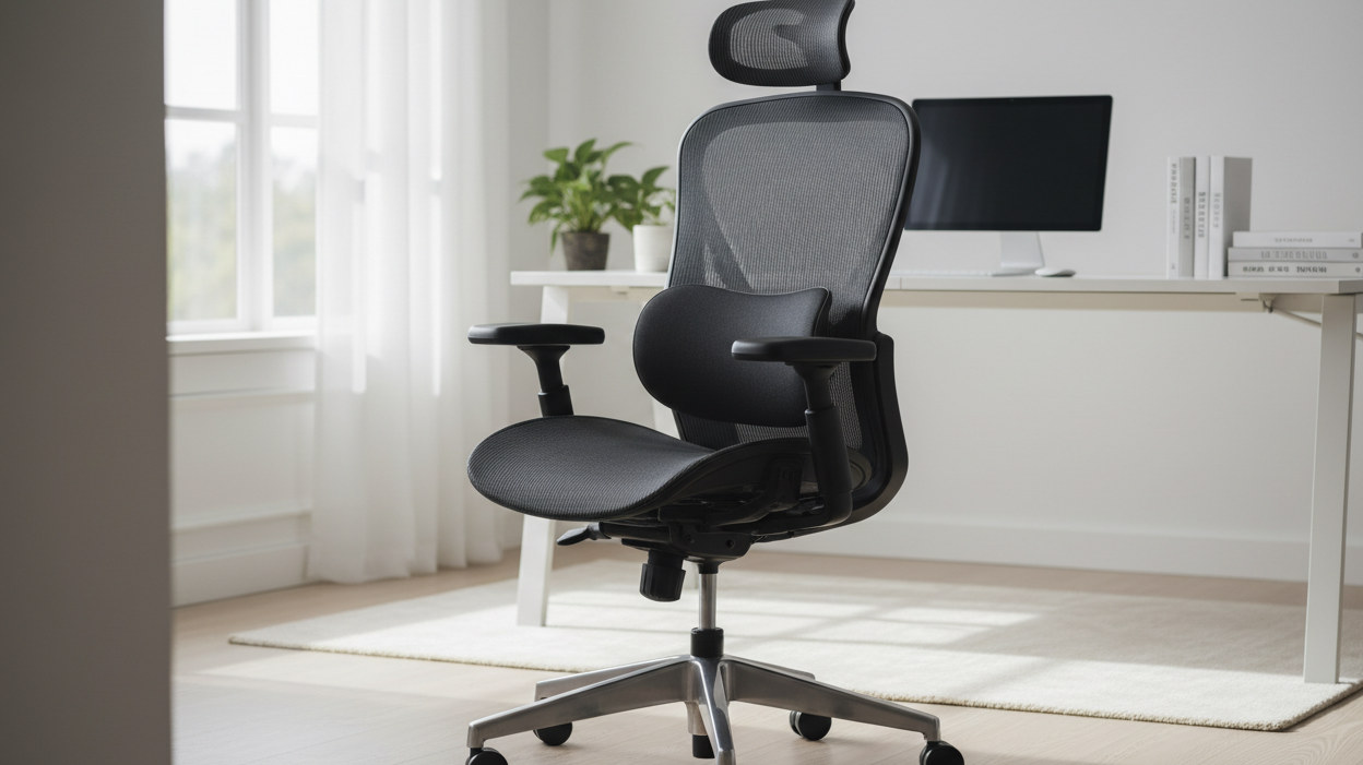 Premium ergonomic office chair in a sleek modern workspace, ultra-realistic editorial product photography, breathable mesh back, adjustable lumbar support, 4D armrests, headrest, aluminum base, soft natural lighting.