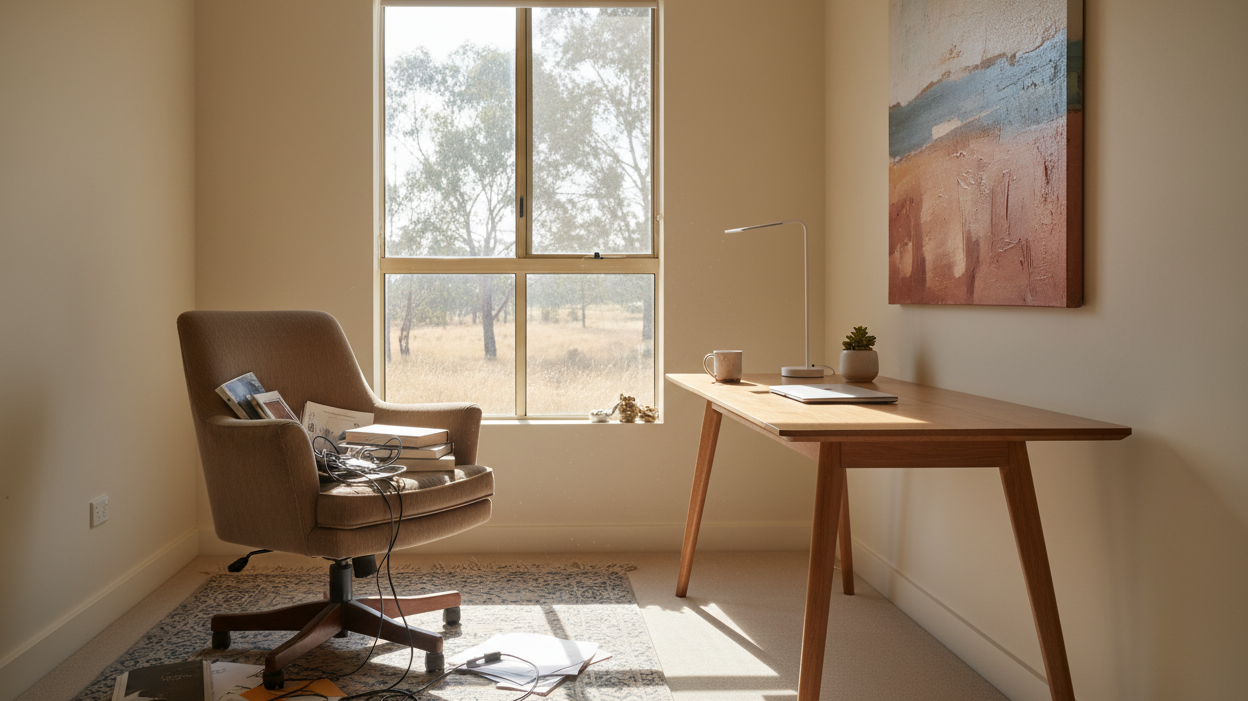 Wide editorial shot, cluttered budget office chair beside clean minimal desk, soft morning light, Australian home office, no people, quiet contrast between old and new