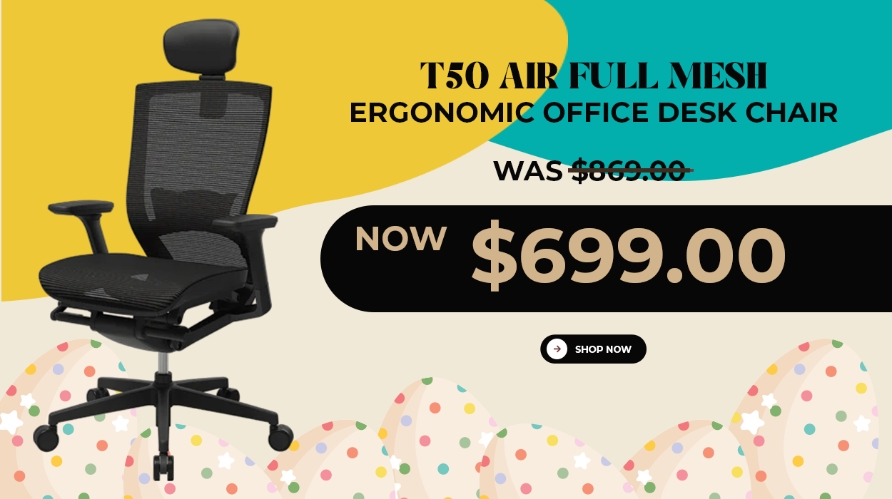 Sale banner for the Sidiz T50 Air full mesh premium ergonomic chair in Australia. The image features a black ergonomic office desk chair with a headrest, set against an Easter-themed background with colorful eggs. The promotional text highlights a price drop from $869.00 to $699.00 with a 'Shop Now' button.