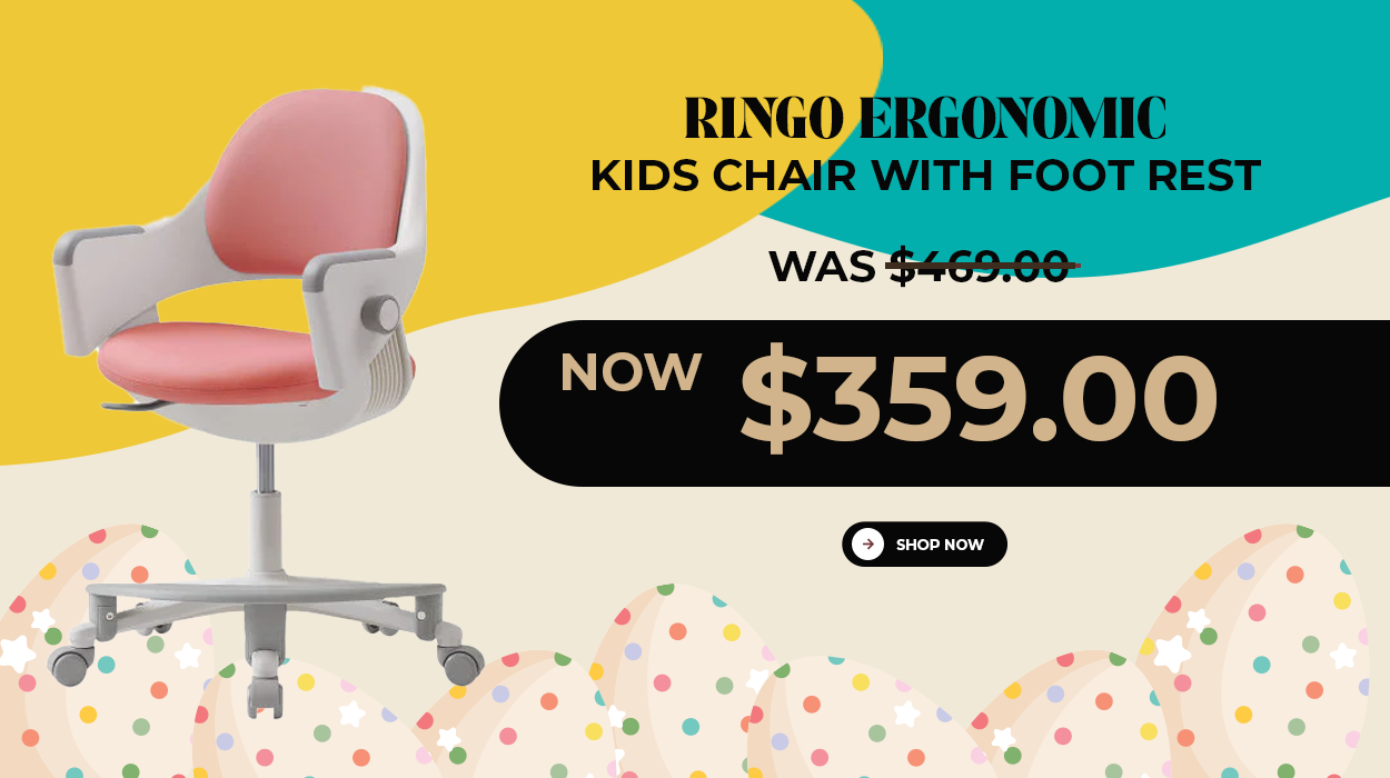 Promotional banner for the Sidiz Ringo premium ergonomic chair in Australia, showing a pink and white kids' desk chair with a footrest. The graphic features an Easter theme with colorful eggs and states a sale price of $359.00, down from the original $469.00.