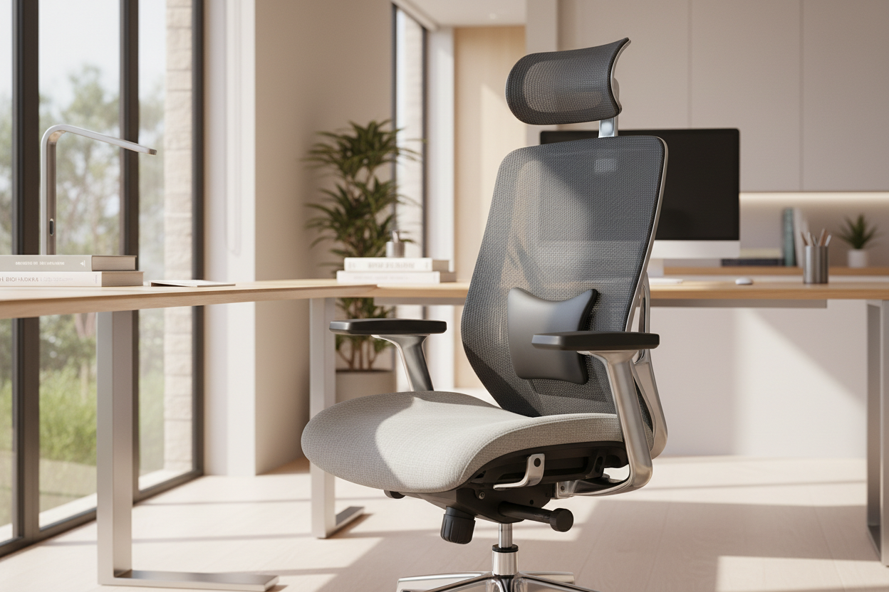 Photorealistic image of a premium ergonomic office chair in a modern Australian workspace, showcasing high-quality materials and adjustable features with no text on the image.