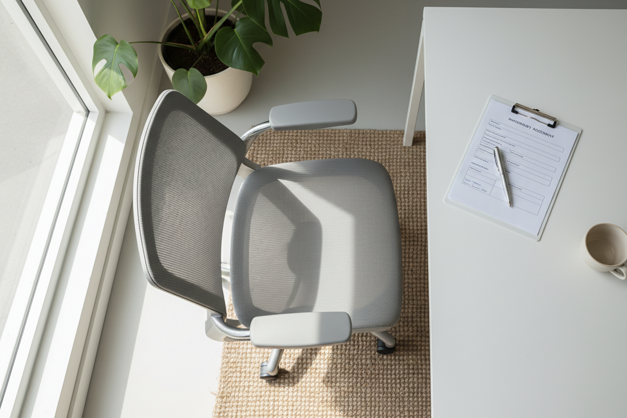 Editorial flat-lay, ergonomic office chair seen from above, clean white desk, physiotherapy assessment clipboard and pen beside it, soft natural light, minimal Australian home office aesthetic