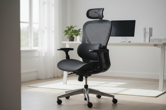 Premium ergonomic office chair in a sleek modern workspace, ultra-realistic editorial product photography, breathable mesh back, adjustable lumbar support, 4D armrests, headrest, aluminum base, soft natural lighting.