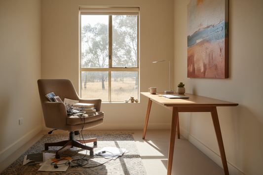 Wide editorial shot, cluttered budget office chair beside clean minimal desk, soft morning light, Australian home office, no people, quiet contrast between old and new