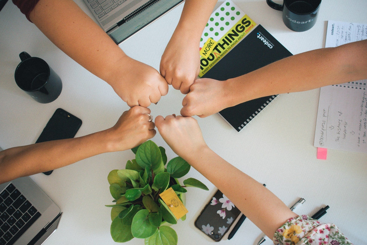 Work team success shown by group fist bump over desk with notebooks, laptop, and plant symbolising unity and collaboration. Image by Antonio Janeski via www.unsplash.com
