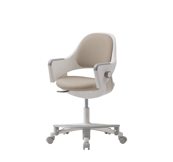 A white frame ergonomic kids chair with a beige seat and footrest, on a white background.