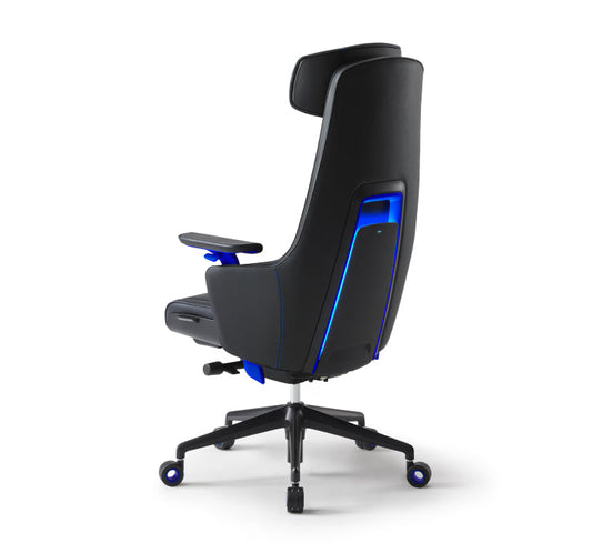 A black and blue gaming chair with a cooling seat function and LED lights, designed for comfort and enhanced gaming experience.