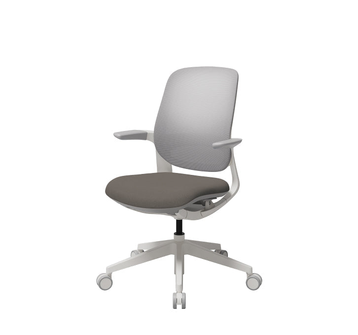 White ergonomic office chair with brown seat cushion and caster wheels