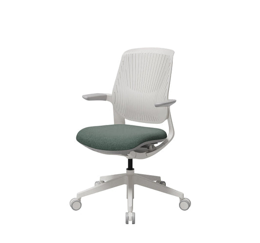White ergonomic office chair with green seat cushion and adjustable armrests on wheels