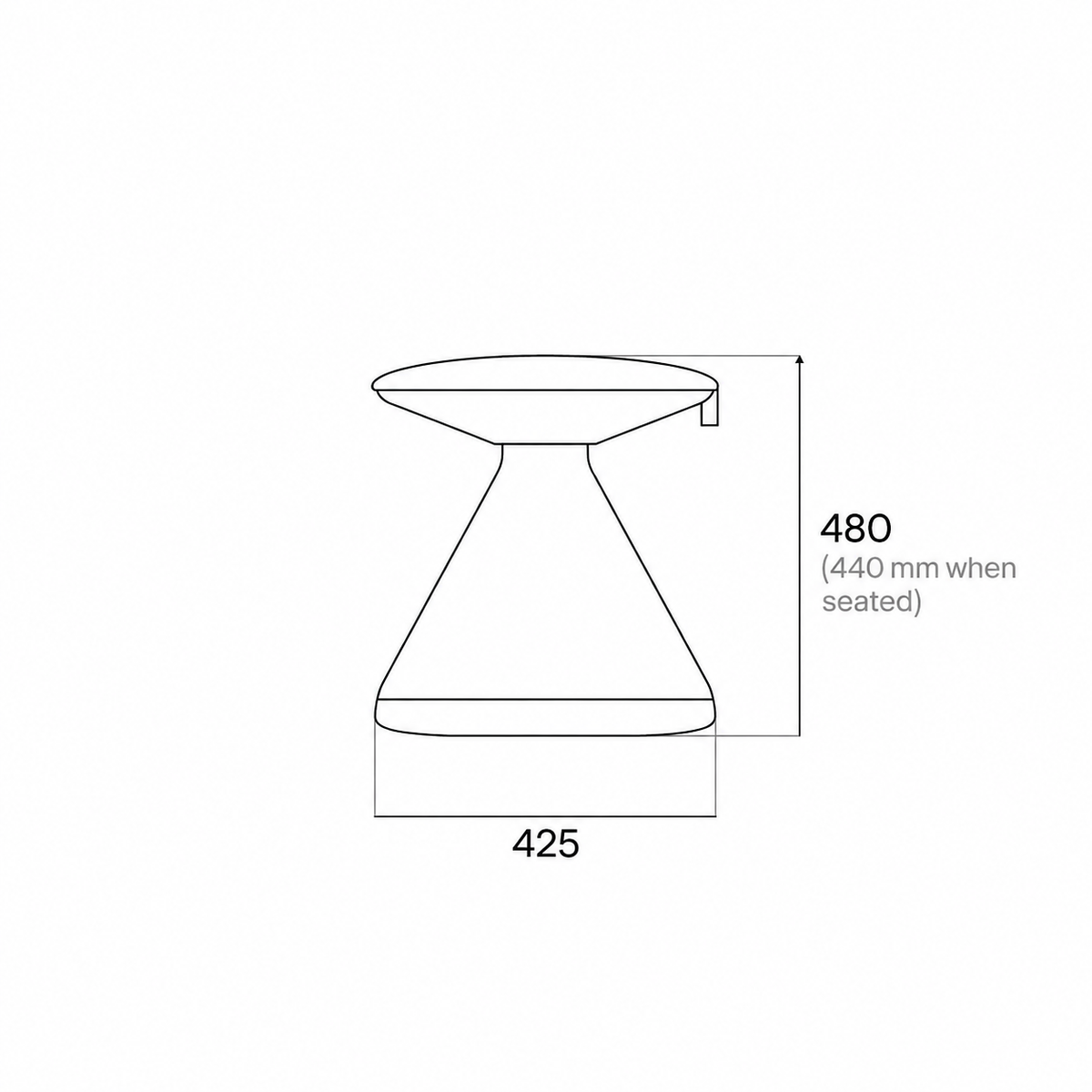 FUNGUS stool side dimensions: 480 mm high, 425 mm across, and 440 mm when seated.