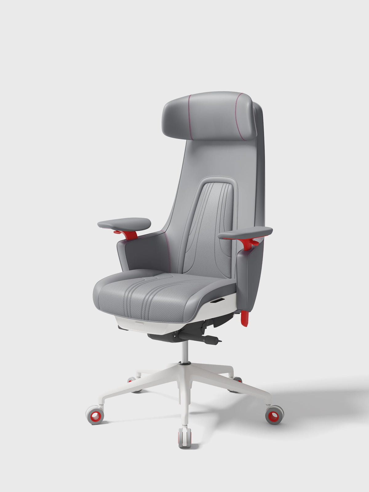 SIDIZ GC PRO with grey upholstery, white frame and red accents, front three-quarter view