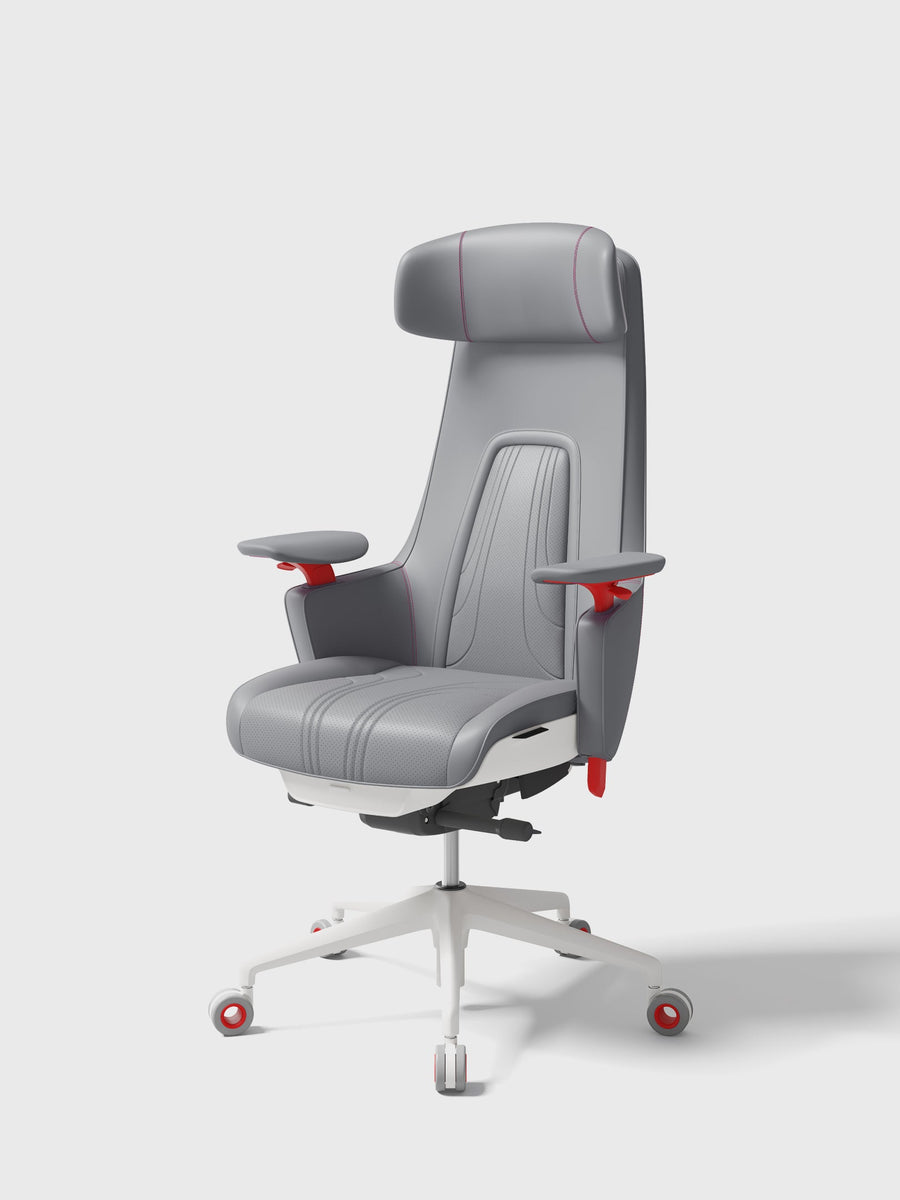 SIDIZ GC PRO with grey upholstery, white frame and red accents, front three-quarter view