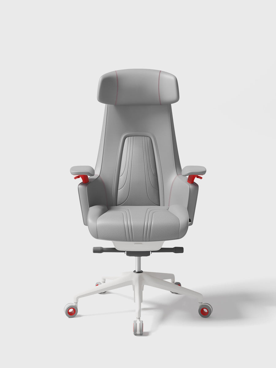 SIDIZ GC PRO with grey upholstery, white frame and red accents, front view