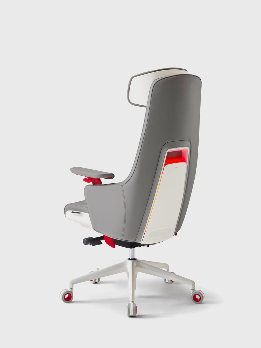 SIDIZ GC PRO with grey upholstery, white frame and red accents, rear three-quarter view with LED lighting