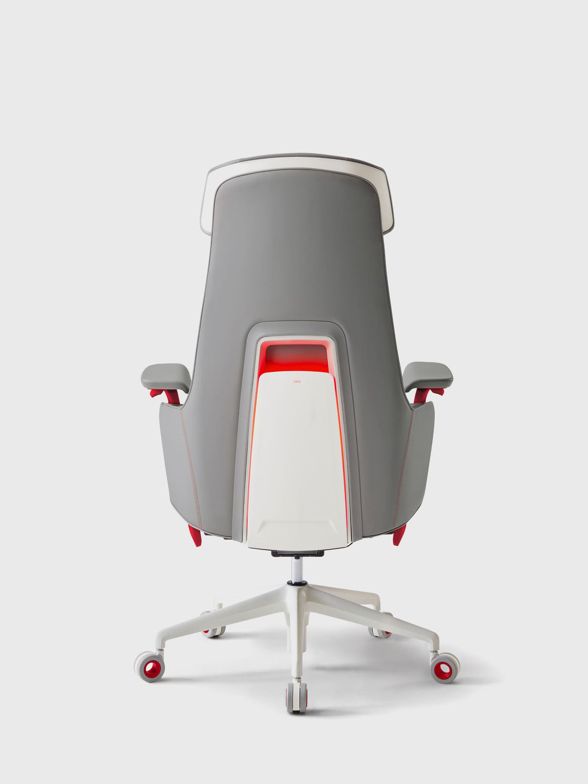 SIDIZ GC PRO with grey upholstery, white frame and red accents, rear view