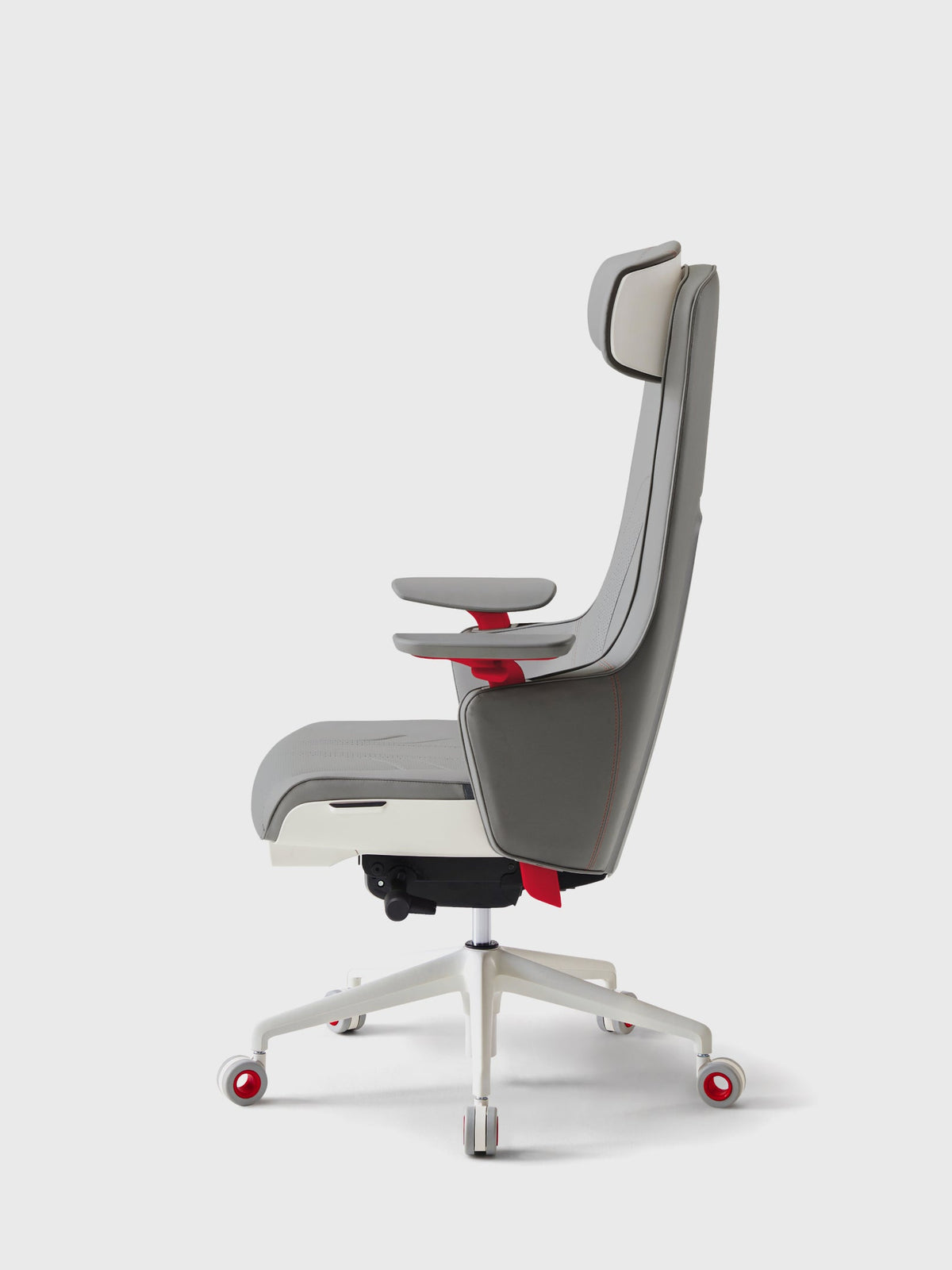 SIDIZ GC PRO with grey upholstery, white frame and red accents, side view