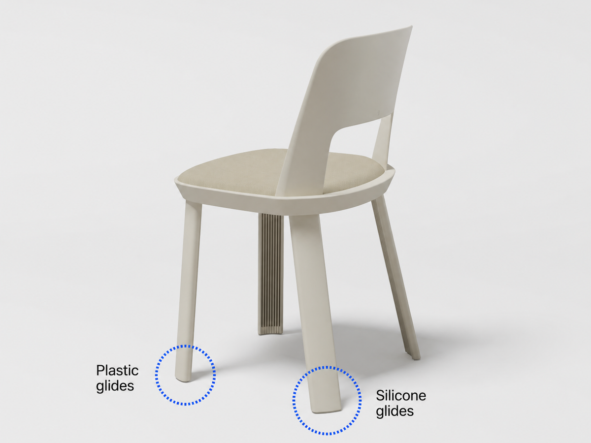 PLIT chair glide comparison showing plastic glides and silicone glides.
