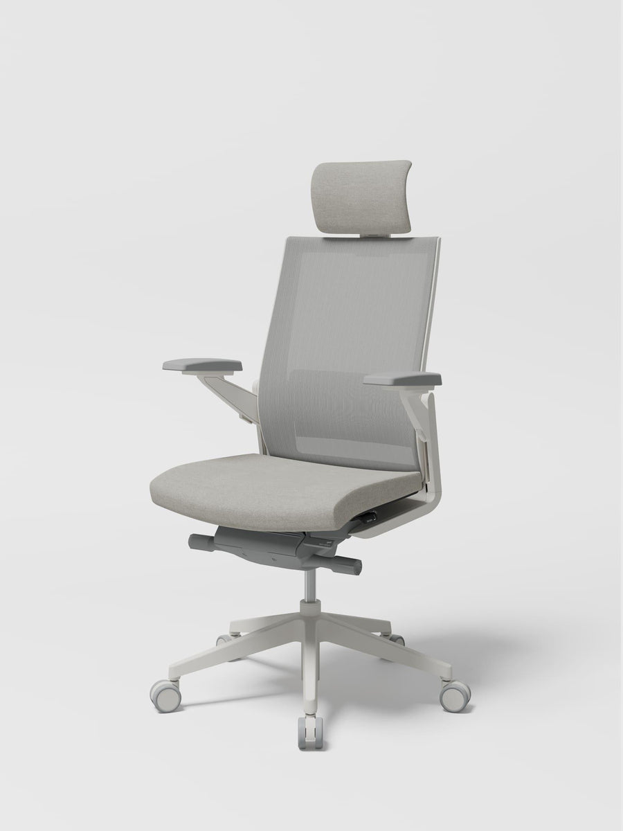 SIDIZ T80 premium ergonomic office chair, white frame with light grey upholstery, front view