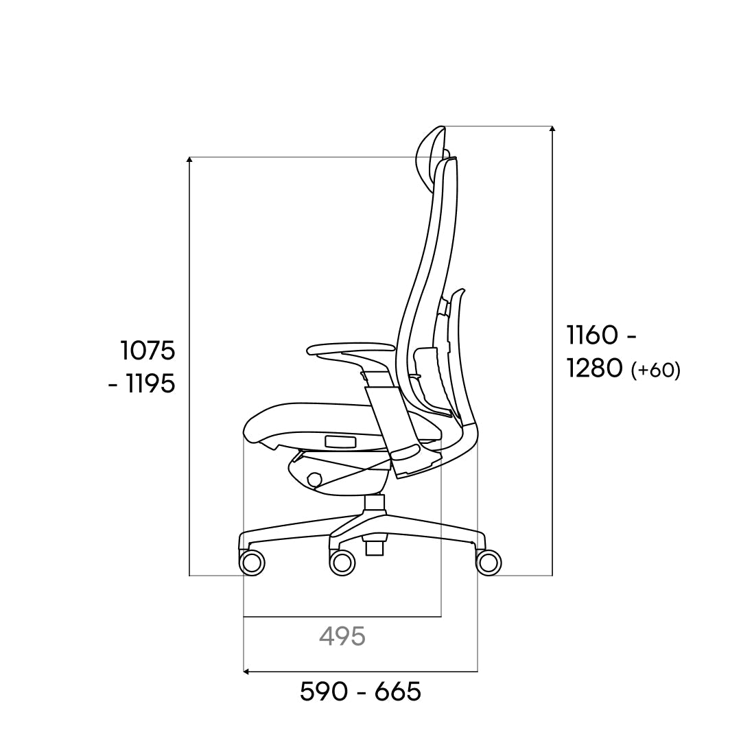 Dimension drawing of the SIDIZ T90, side elevation, in millimetres